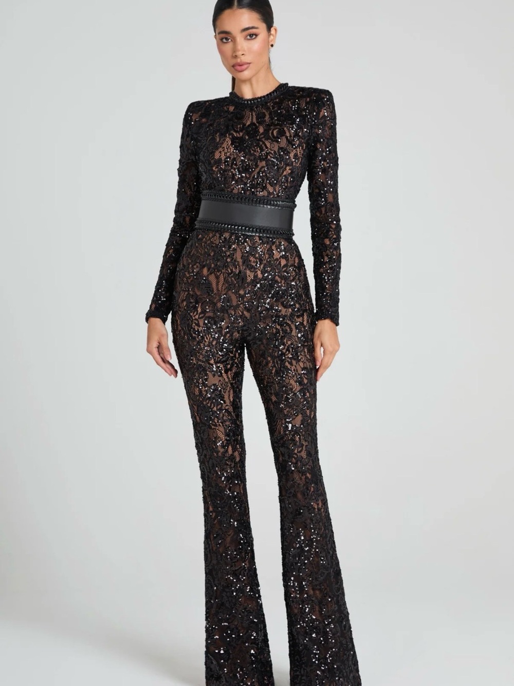 NADINE MERABI Black Sequin Lace Long-Sleeve Jumpsuit with Waist Detail